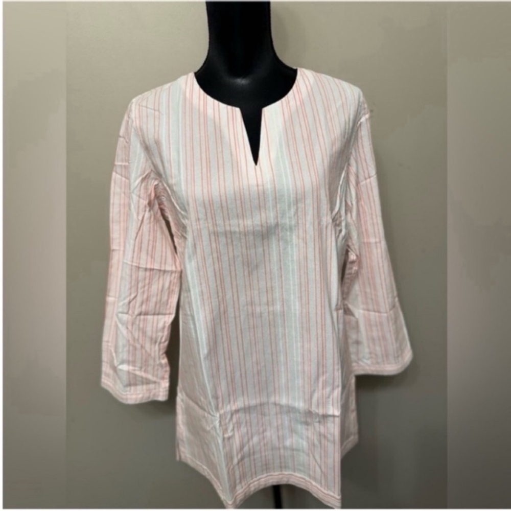 NWT  Untuckit Women’s Striped Pink & White Split-Neck Tunic Size 12